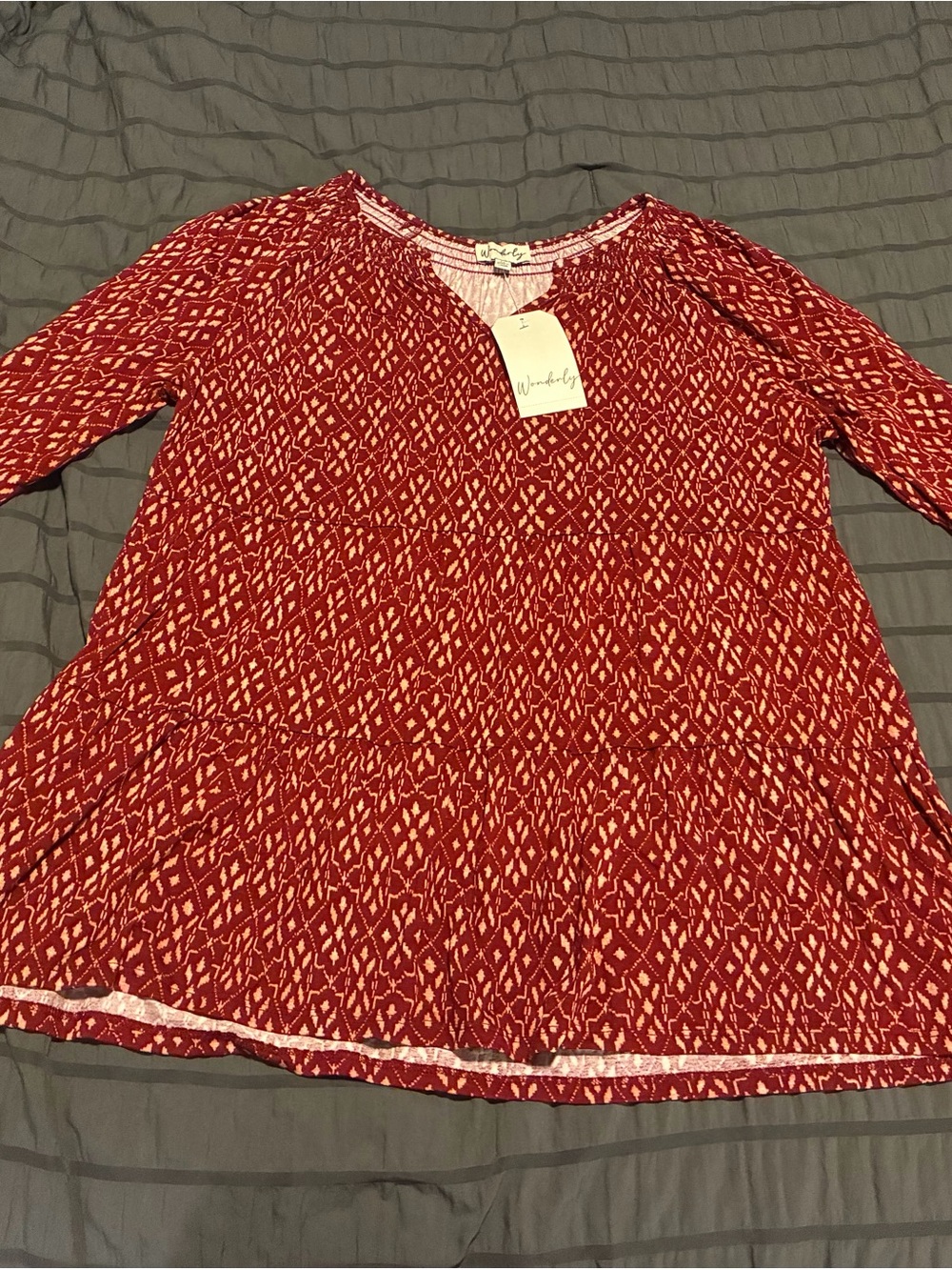 Wonderly Red Patterned V-Neck Tunic Top
